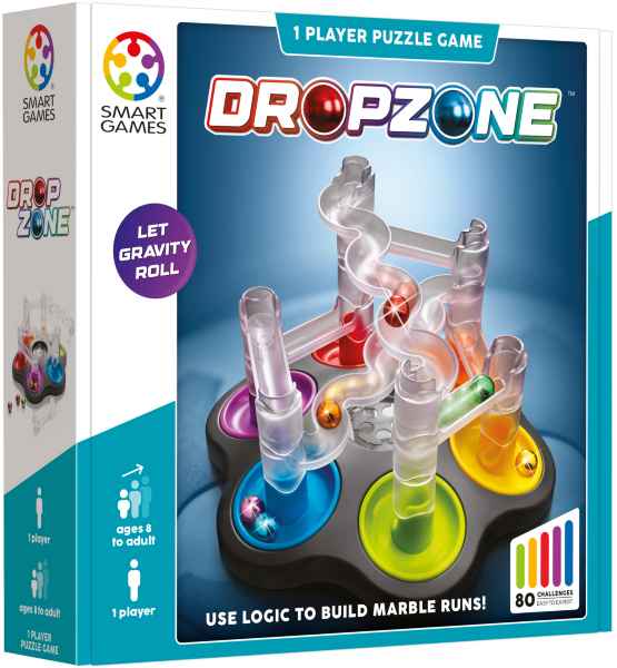 DropZone game packaging featuring a clear plastic marble run on a base with vibrant, multi-colored circular pockets.