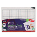 Flexible white dry erase board with 2cm grid lines. Colorful packaging indicates a pack of 10 Ormond boards.