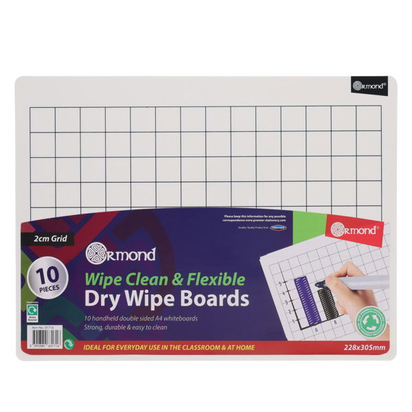 Flexible white dry erase board with 2cm grid lines. Colorful packaging indicates a pack of 10 Ormond boards.