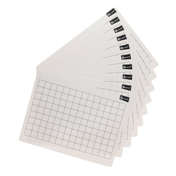 Ten white rectangular dry-wipe boards with a black grid pattern, fanned out to show the quantity in the set.