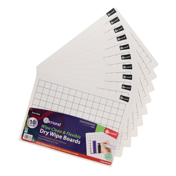 Ten white, flexible dry-erase boards fanned out, featuring black 2cm grid lines, rounded corners, and a product sleeve.