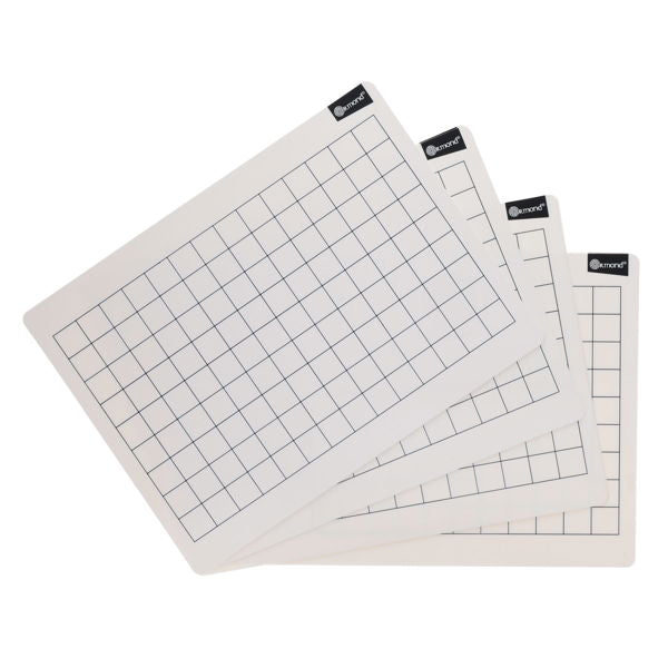 Four white rectangular dry wipe boards with black square grid lines, fanned out to show the gridded surface.