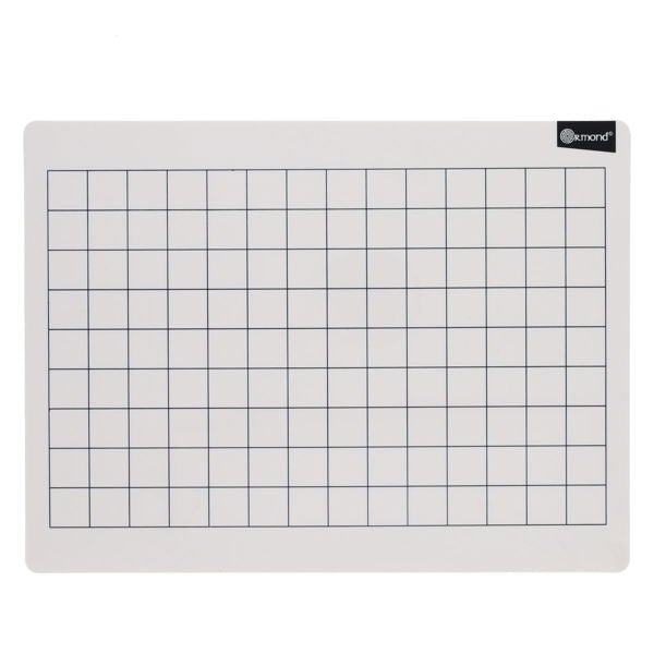 Rectangular white dry erase board featuring a black 2cm square grid and a small logo in the top right corner.