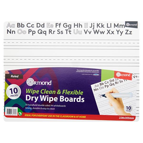 10 flexible whiteboards with ruled lines and an alphabet guide at the top for handwriting practice.