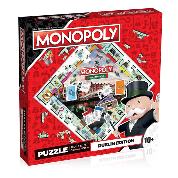 Red square puzzle box featuring a Dublin Monopoly board and Mr. Monopoly character holding a silver cane.