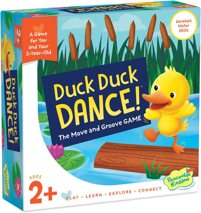 Colorful game box showing a yellow duck dancing on a log in a pond with blue water, green reeds, and lily pads.