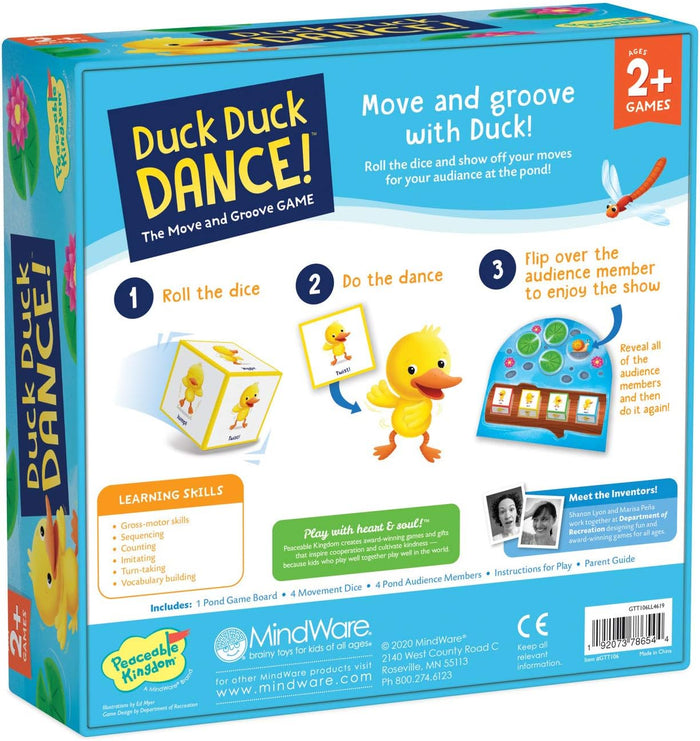 Blue game box back with yellow duck illustrations, numbered gameplay steps, and learning skills for ages 2 and up.