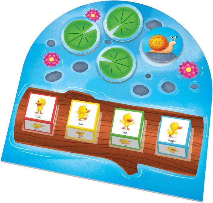Blue pond-themed game mat with four colorful cubes on a log featuring yellow ducks performing dance actions.
