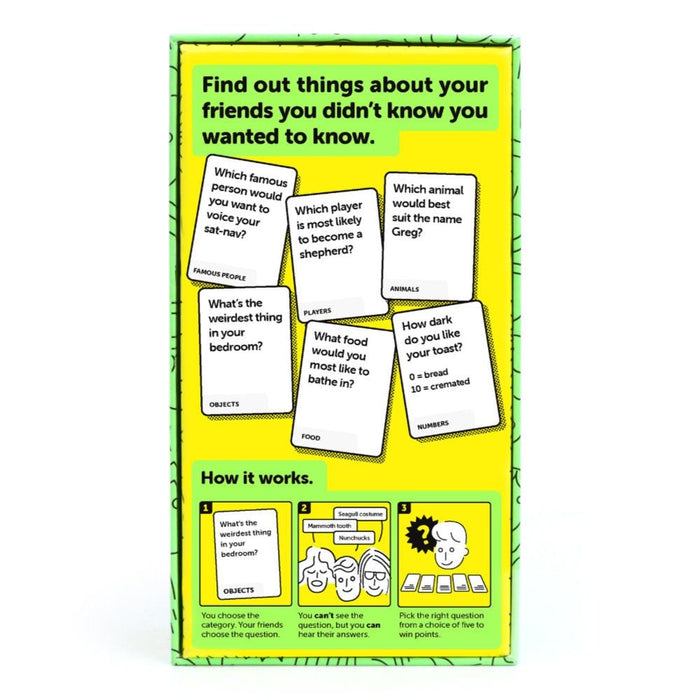 Yellow back of a card game box featuring several white question cards and illustrated instructions at the bottom.