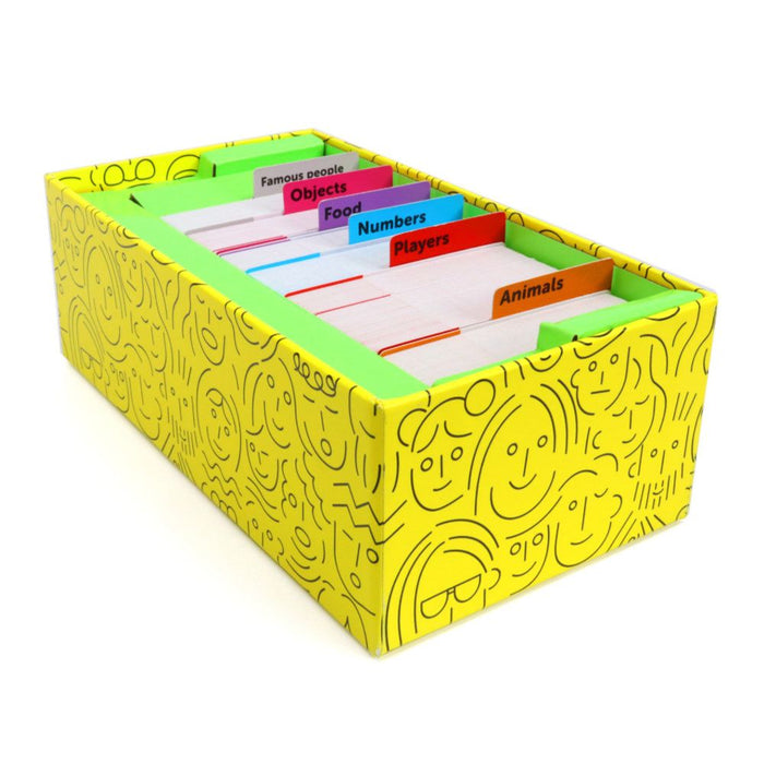 Yellow rectangular box with face sketches containing cards divided by colorful tabs like Food and Animals.
