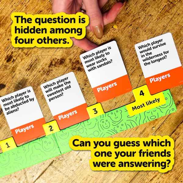 Four white and orange question cards on a green numbered board over a wooden surface with yellow text overlays.