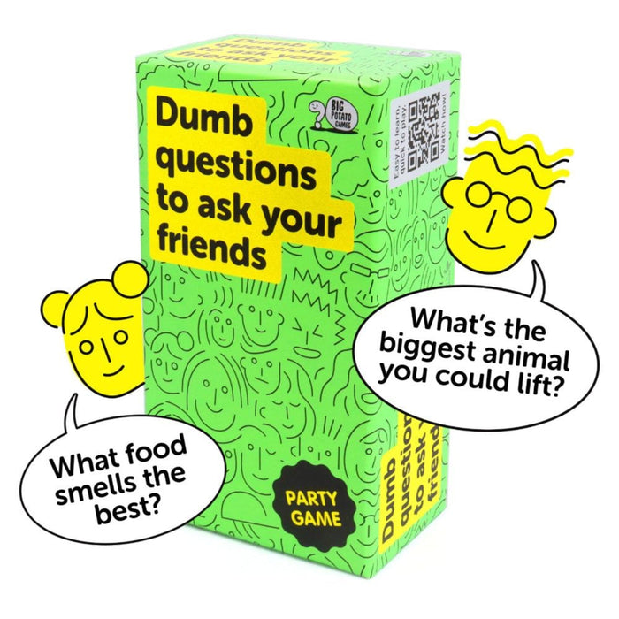 Green box with yellow labels, line-art faces, and cartoon characters asking silly questions in speech bubbles.