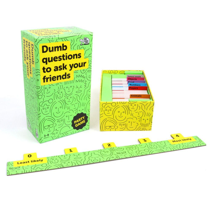 Green box with yellow face art, open tray of colorful cards, and a long green numbered scoring board.