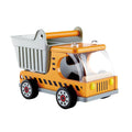 Yellow wooden toy dump truck with a grey tilting plastic bed, black wheels, and hazard stripes.