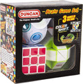 Black toy box with window displaying a white and red 3x3 cube, a puzzle ball, and a lime green snake puzzle.