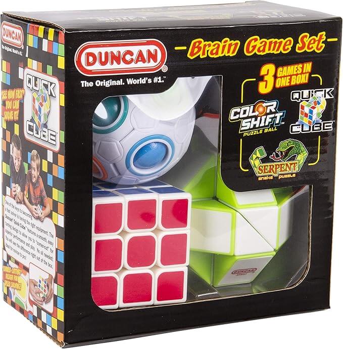 Black toy box with window displaying a white and red 3x3 cube, a puzzle ball, and a lime green snake puzzle.