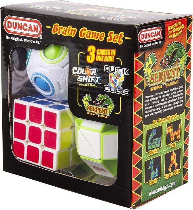 Duncan Brain Game Set box featuring a white puzzle ball, multi-colored cube, and a green and white snake puzzle.