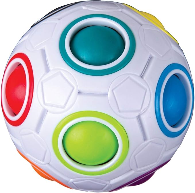 White spherical puzzle ball with colorful rings and matching balls inside, featuring soccer ball-like surface patterns.