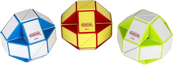 Three Duncan snake puzzle balls in blue and white, red and yellow, and lime green and white.