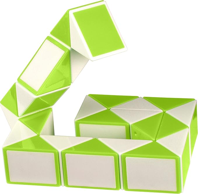 Lime green and white twistable snake puzzle made of interconnected triangular blocks in a coiled shape.