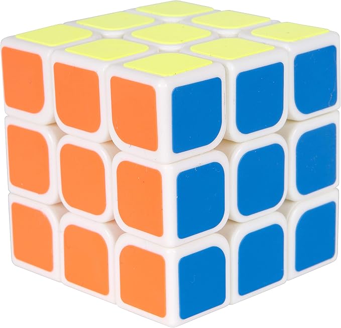 3x3 white plastic puzzle cube with rounded yellow, orange, and blue colored square tiles.