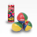 Three red, yellow, green, and blue soft juggling balls stacked beside a clear plastic cylinder case.