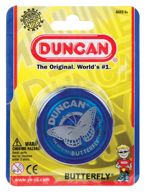 Blue Duncan Butterfly yo-yo in yellow retail packaging with a silver butterfly logo and red brand accents.