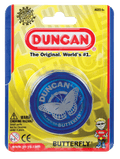 Blue Duncan Butterfly yo-yo in yellow retail packaging with a silver butterfly logo and red brand accents.