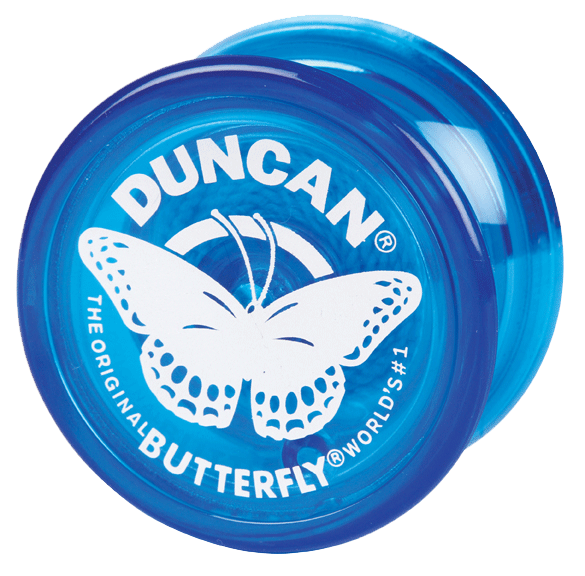 Translucent blue plastic butterfly-shaped yo-yo with a white Duncan logo and butterfly graphic on the face.