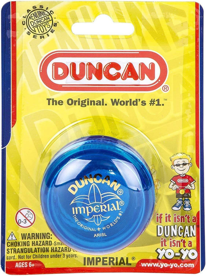 Translucent blue Duncan Imperial yo-yo in yellow and red retail blister pack packaging.