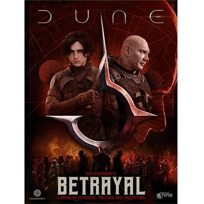 Red board game box featuring two men in armor, a silver crest, and silhouetted figures against a fiery background.