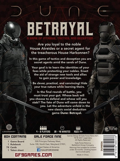 Back of game box featuring two armored soldiers, game specs, and contents list on a dark red patterned background.