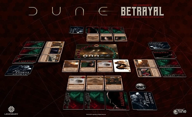 Dune Betrayal cards and game board set up on a dark red background with thin white geometric line patterns.