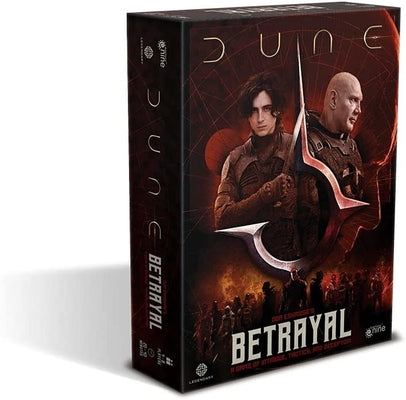 Black Dune Betrayal board game box with cinematic character art and a red hawk emblem over a fiery backdrop.