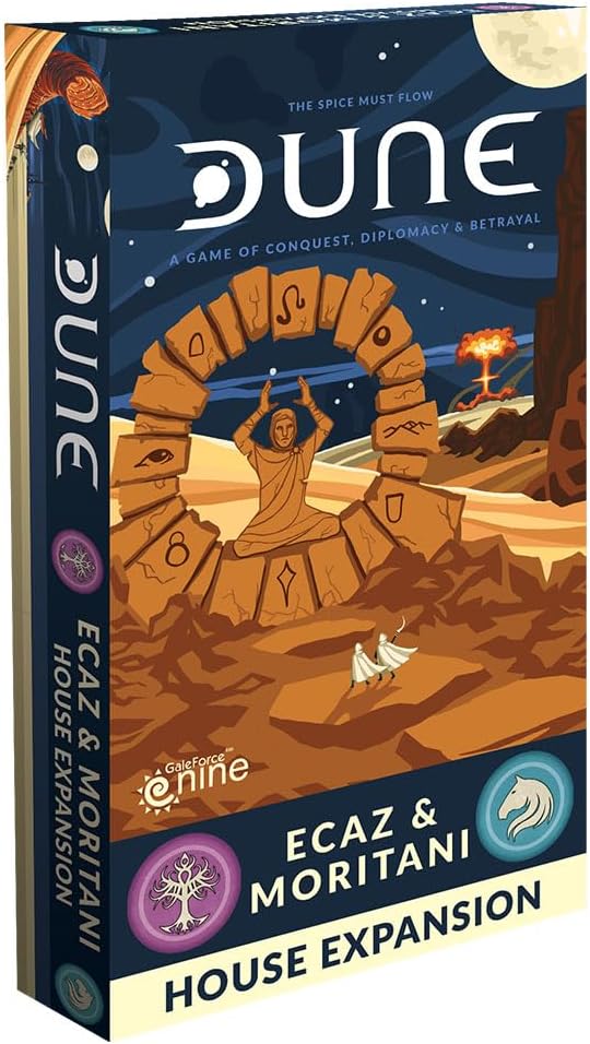 Board game box showing a figure in a stone ring in a desert with purple tree and blue horse crests at the base.