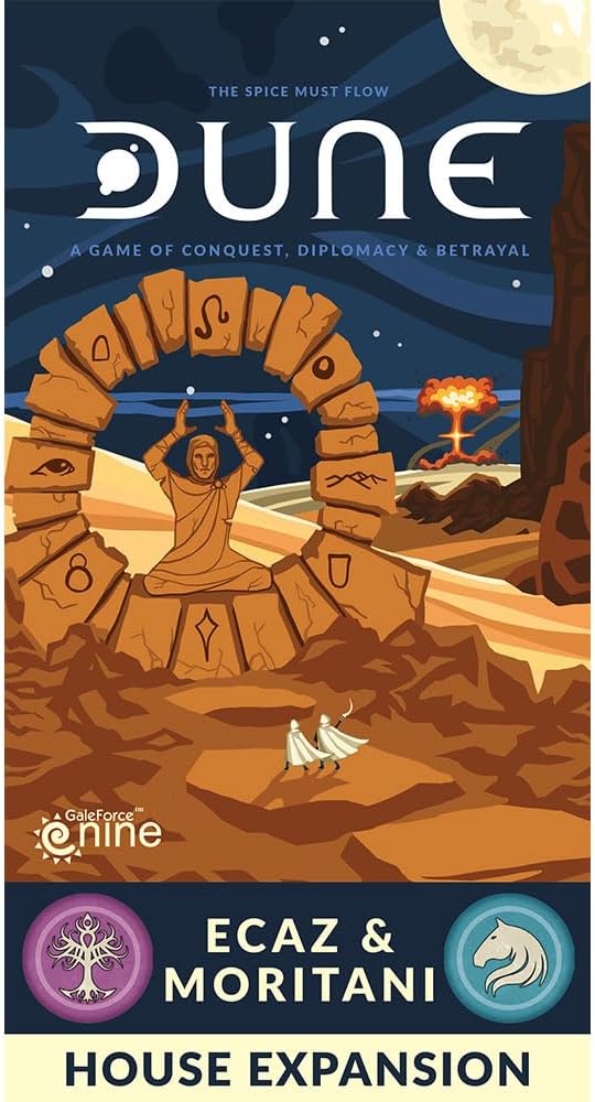 Board game expansion art with a robed figure in a stone arch, desert dunes, and purple and blue house crests.