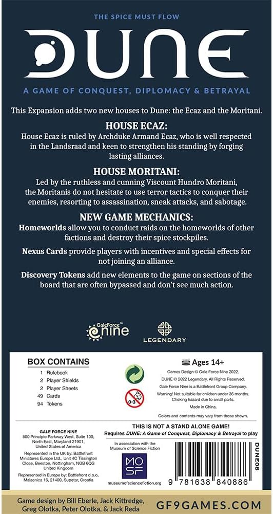 Dark blue back of Dune board game expansion box featuring white text, faction descriptions, and a component list.