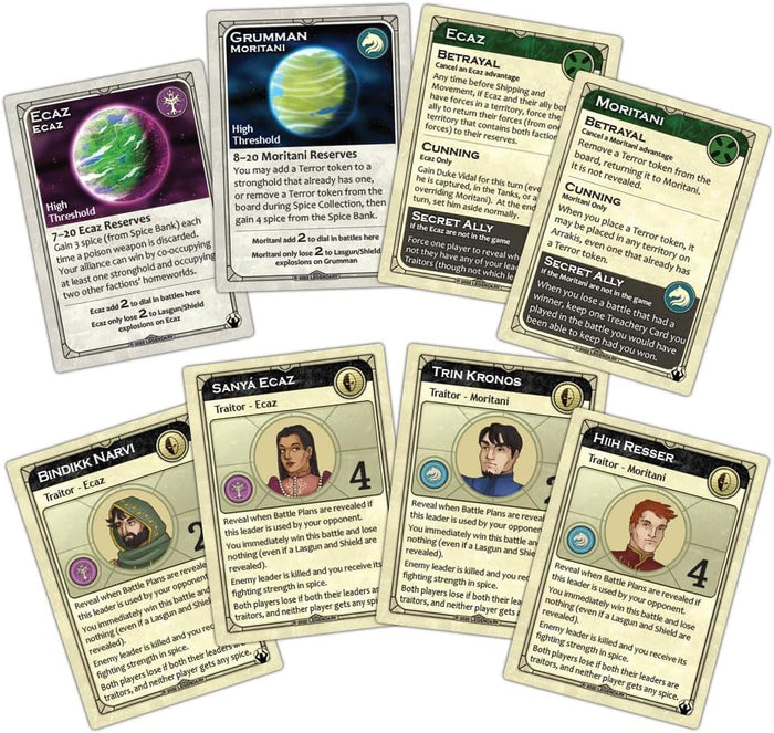 Seven beige board game cards featuring character portraits, planetary art, and gameplay text on a plain white background.