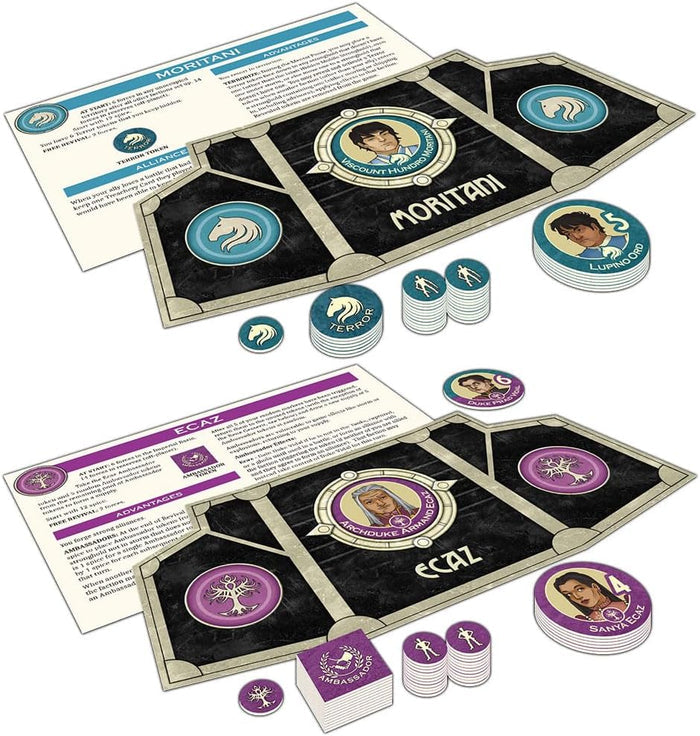 Teal and purple faction boards, character discs, and token stacks for the Dune board game expansion.