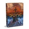 Board game box with split orange and blue battle scenes, sandworms, and gold stylized Dune lettering.