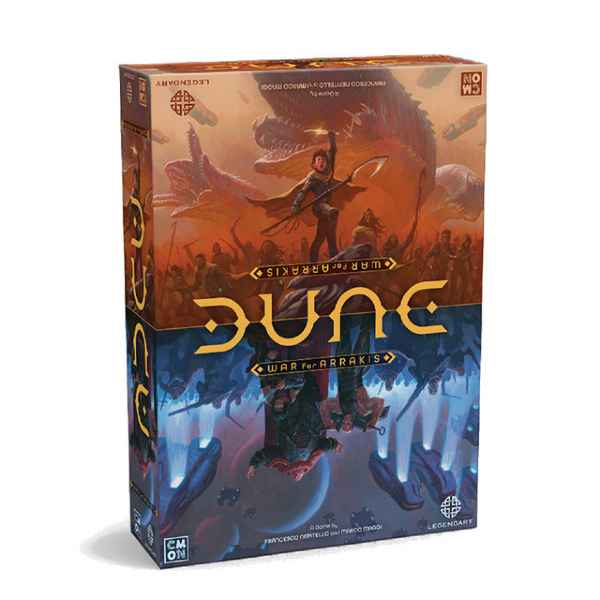 Board game box with split orange and blue battle scenes, sandworms, and gold stylized Dune lettering.