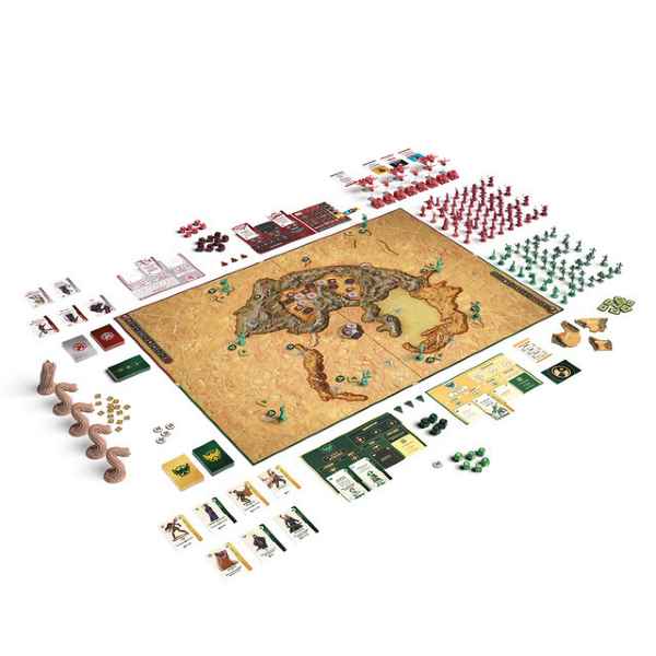 Desert-map game board with red, green, and tan miniatures, cards, and tokens laid out on a white background.
