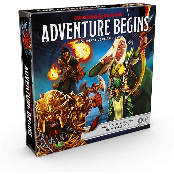 Square board game box featuring fantasy art of an elf archer, armored dwarf, and mage with fire against a dark background.