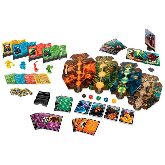 Colorful fantasy board game set with character minis, modular map tiles, multi-sided dice, and various card decks.