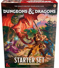 Vertical game box for D&D featuring a red dragon, wizard, and warrior in a forest setting with a distant castle.