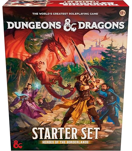 Vertical game box for D&D featuring a red dragon, wizard, and warrior in a forest setting with a distant castle.