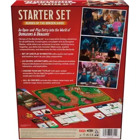 Red game box back featuring descriptions, illustrations of people playing, a green map board, and game cards.