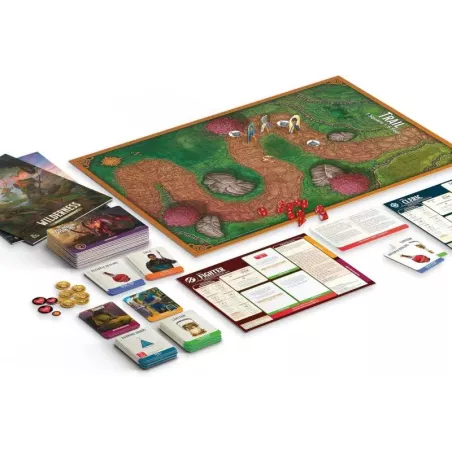 D&D game set with a green winding path map, red dice, gold coins, character sheets, and illustrated cards.