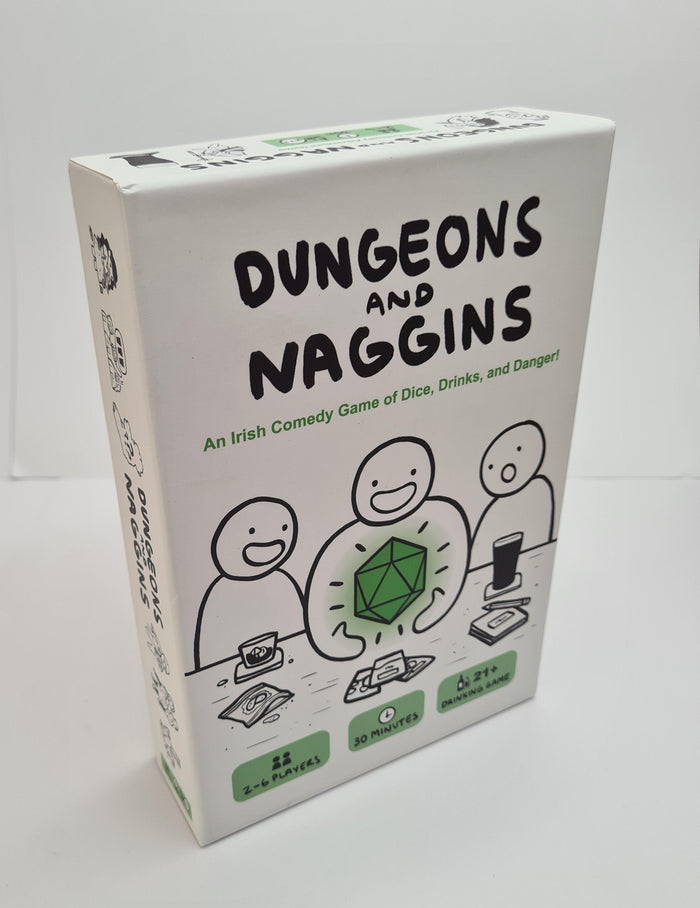 White game box featuring black line art characters and a large glowing green 20-sided die on the front cover.
