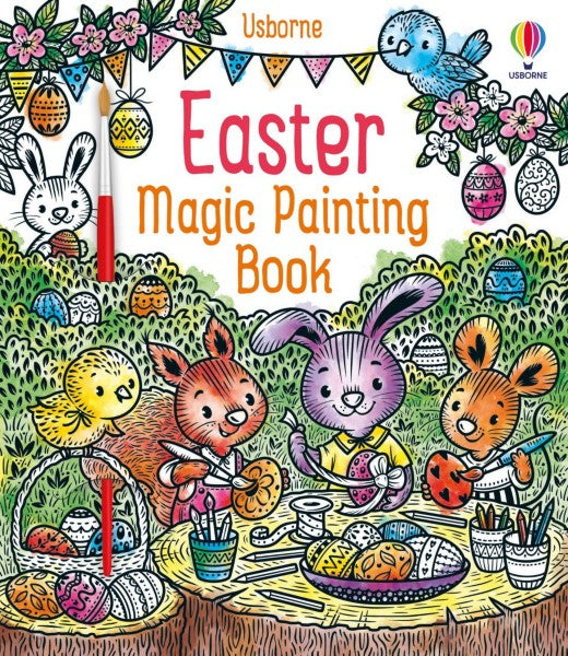 Brightly colored book cover with cartoon animals painting Easter eggs, floral bunting, and an attached red paint brush.